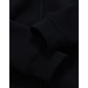 A black kid's full-zip fleecy hoodie featuring cuffed sleeves and a smooth texture. It has a logo on it.