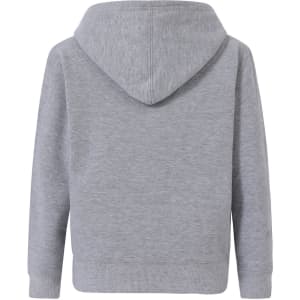 A grey kid's full-zip fleecy hoodie with a hood and long sleeves. The back view displays a simple design and logo.