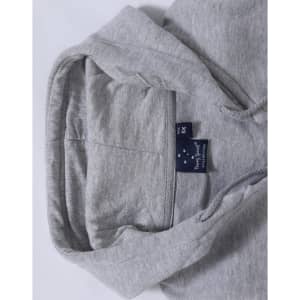 A grey kid's full-zip fleecy hoodie with a hood and a label inside.