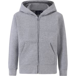A grey full-zip fleecy hoodie with a hood and front pockets, featuring a logo on the chest.