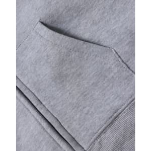 A grey full-zip fleecy hoodie featuring a front kangaroo pocket and ribbed cuffs. Includes a logo.