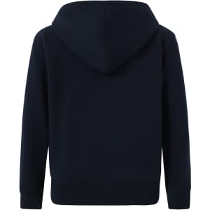 A navy full-zip fleecy hoodie with a hood, featuring long sleeves and a solid design.