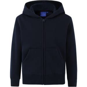 A navy blue full-zip fleecy hoodie with a front pocket and a hood, featuring a logo.