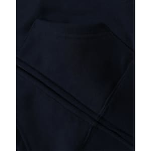 A close-up of a navy blue kid's full-zip fleecy hoodie featuring a kangaroo pocket and a logo.