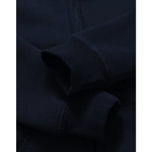 A navy blue kid's full-zip fleecy hoodie with a soft texture and cuffed sleeves. Features a logo.