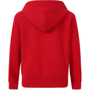 A red kid's full-zip fleecy hoodie with a hood, featuring long sleeves and a solid back design.