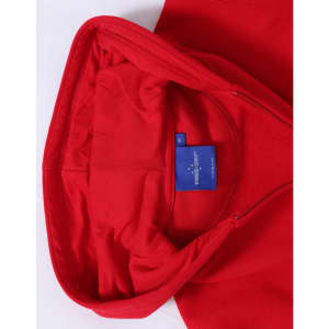 A red full-zip fleecy hoodie featuring a lined hood and a tag inside.