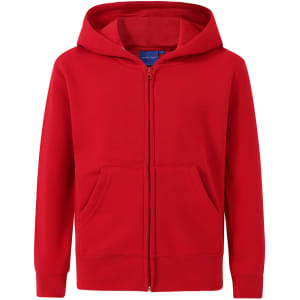 A red full-zip fleece hoodie with a hood and front pockets, featuring a logo.