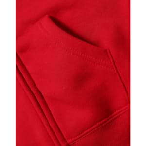 A close-up of a red full-zip fleecy hoodie featuring a front pocket. The fabric appears soft and cozy.