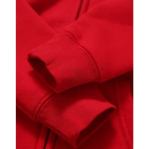 A red full-zip fleecy hoodie featuring cuffed sleeves and a soft texture, with an additional logo present.