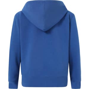 A blue full-zip fleecy hoodie with a hood and ribbed cuffs. Features a plain design with a logo on the front.