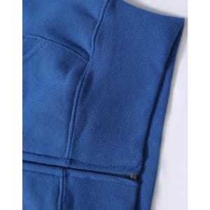 A blue full-zip fleecy hoodie with a pocket, featuring a subtle texture and stitching details.