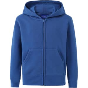 A blue full-zip fleecy hoodie featuring a hood and front pockets, with a logo displayed.