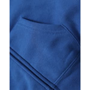 A blue full-zip fleecy hoodie featuring a front pocket and a smooth fabric texture. It includes a logo.