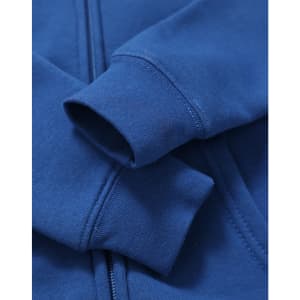 A blue full-zip fleecy hoodie featuring a logo and ribbed cuffs.