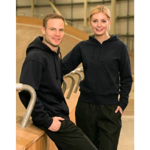 A navy full-zip fleecy hoodie with a logo, worn by a man and a woman in an indoor setting.