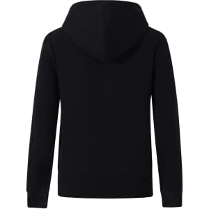 A black full-zip fleecy hoodie featuring a hood and ribbed cuffs. Includes a logo on the back.
