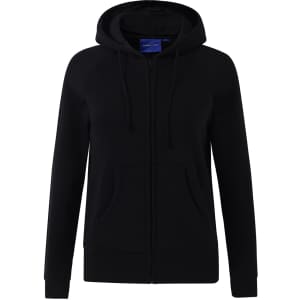 A black full-zip fleecy hoodie featuring a hood and front pockets, with a logo on the front.