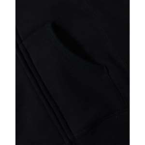 A black full-zip fleecy hoodie featuring a front pocket and stitched detailing. Includes a logo.