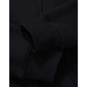 A black full-zip fleecy hoodie with a smooth fabric texture and a close-up view of the sleeve.
