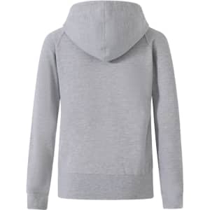 A grey ladies' full-zip fleecy hoodie with a hood and long sleeves, featuring a simple design and branding.
