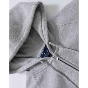 A grey full-zip fleecy hoodie featuring a hood and stitched detailing, with branding visible inside.