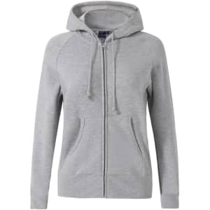 A ladies' full-zip fleecy hoodie in light grey, featuring a hood and front pockets, with a logo on the chest.