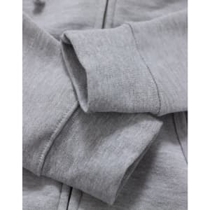 A close-up of a grey ladies' full-zip fleecy hoodie, featuring soft fabric and ribbed cuffs.