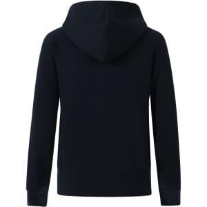 A full-zip fleecy hoodie in navy blue with a hood, featuring raglan sleeves and a fitted hem.