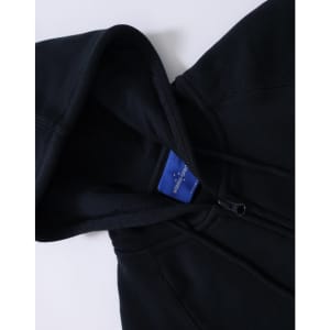 A ladies' full-zip fleecy hoodie in black, featuring a hood and a logo on the interior label.