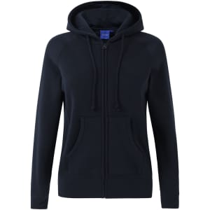 A navy full-zip fleecy hoodie featuring a hood and front pockets, with a logo on the fabric.
