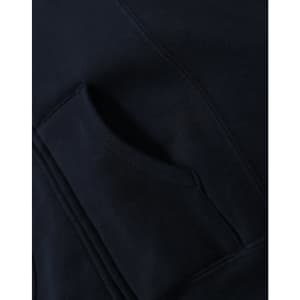 A navy full-zip fleecy hoodie with a front pocket, featuring a soft fabric texture.