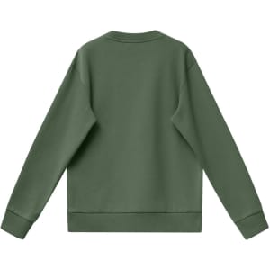A green unisex crew neck sweater with a simple design and ribbed cuffs. Features a branding logo.