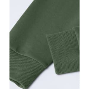 A green unisex crew neck sweater with ribbed cuffs and a smooth finish, featuring a logo on the fabric.