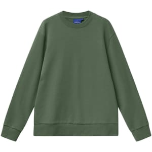 A unisex crew neck sweater in olive green, featuring long sleeves and a ribbed hem. It has a logo on the inside label.