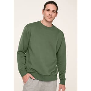 A unisex crew neck sweater in a green shade, featuring a relaxed fit and a logo on the front.