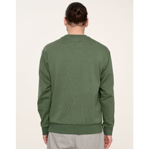 A unisex crew neck sweater in a rich green colour, viewed from the back. It features a logo on the fabric.