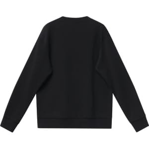 A black unisex crew neck sweater with long sleeves and a plain back. It features a logo.