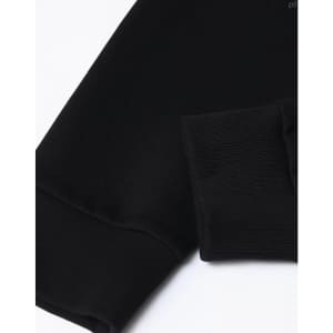 A black unisex fleece half zip work sweat featuring ribbed cuffs and a sleek design. It includes a logo.