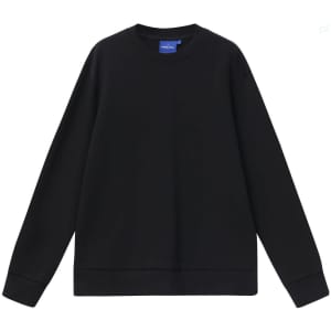 A black unisex crew neck sweater with long sleeves and a simple design. It features a small logo on the neckline.