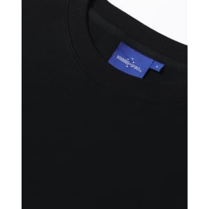 A black unisex crew neck sweater with a ribbed neckline and a branding label.