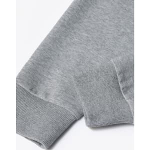 A grey unisex crew neck sweater displayed at an angle, highlighting the cuff detail. The fabric appears soft and textured.