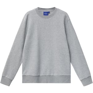A grey unisex crew neck sweater with long sleeves and a ribbed hem, featuring a brand logo.