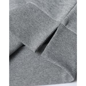 A grey unisex crew neck sweater featuring ribbed cuffs and hem with a logo present.