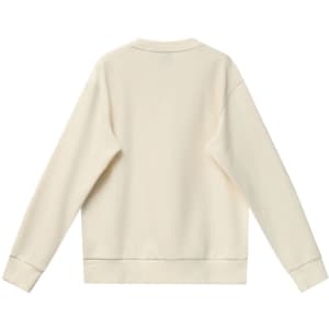 A creamy white unisex crew neck sweater with a relaxed fit and ribbed cuffs. Features a branding logo.