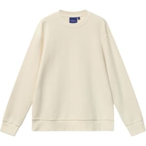 A unisex airlayered CVC crew neck sweater in cream with long sleeves and a casual fit. Features a logo tag.