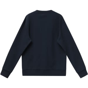 A back view of a navy unisex crew neck sweater featuring long sleeves and a simple design. It has a logo on the back.