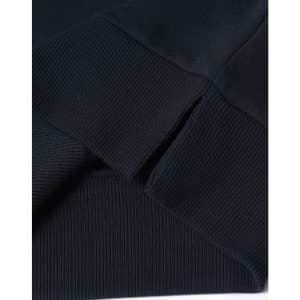 A dark navy crew neck sweater featuring ribbed cuffs and hem, displaying a logo on the fabric.