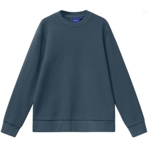A unisex air-layered crew neck sweater in a deep blue colour. The garment has long sleeves and a relaxed fit.