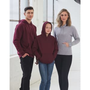 Three models wearing ladies' fleecy hoodies: one in burgundy, one in maroon, and one in grey, all with kangaroo pockets.
